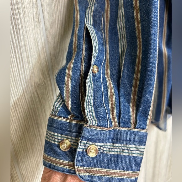 90s Mens Pinstriped Long Sleeve Denim Shirt Band Collar Hunt Club Size XL - Picture 7 of 15